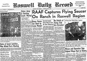 Roswell Daily Record reports on the UFO incident in Roswell, New Mexico. July 9, 1947. Wikimedia Commons 